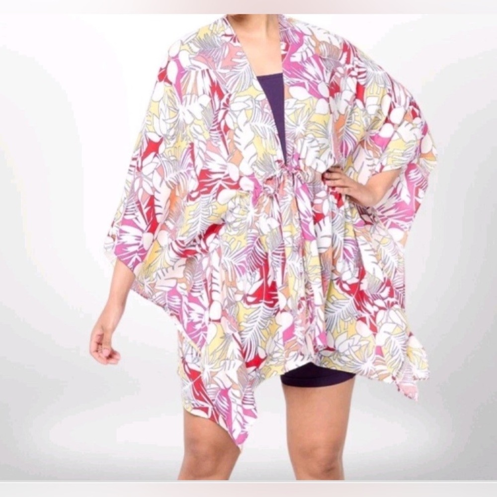 NEW Lands End Womens Tie Waist Kimono Multi-Strawberry Palm Foliage One Size